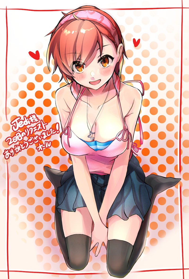 1girl, bandana, blush, breasts, camisole, cleavage, commentary, devil_survivor_(series)
