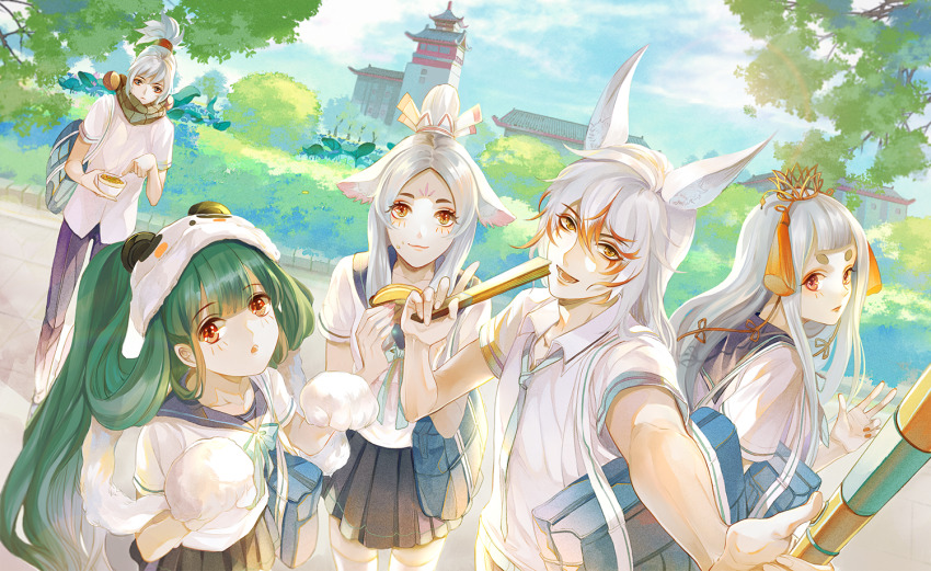 2boys, 3girls, alternate_costume, animal_ears, bag, bishounen, blue_eyes, blunt_bangs