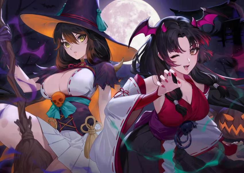 2girls, bare_tree, bat_wings, broom, cleavage_cutout, clothing_cutout, crossover, detached_sleeves