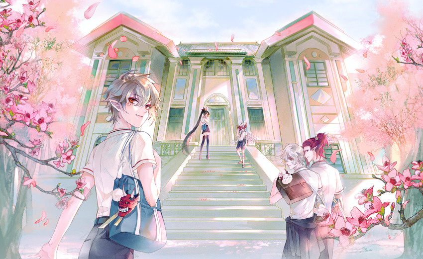 1girl, 4boys, alternate_costume, bag, facial_mark, hannya_(onmyoji), high_ponytail, ibaraki_douji_(onmyoji)