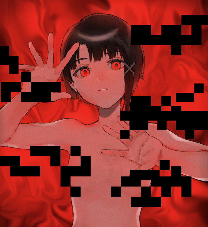 1girl, asymmetrical_hair, bare_shoulders, brown_eyes, brown_hair, censored, glitch, hair_ornament, hairclip, highres, iwakura_lain, looking_at_viewer, red_theme, serial_experiments_lain, short_hair, soji_777, solo, topless_female, x_hair_ornament