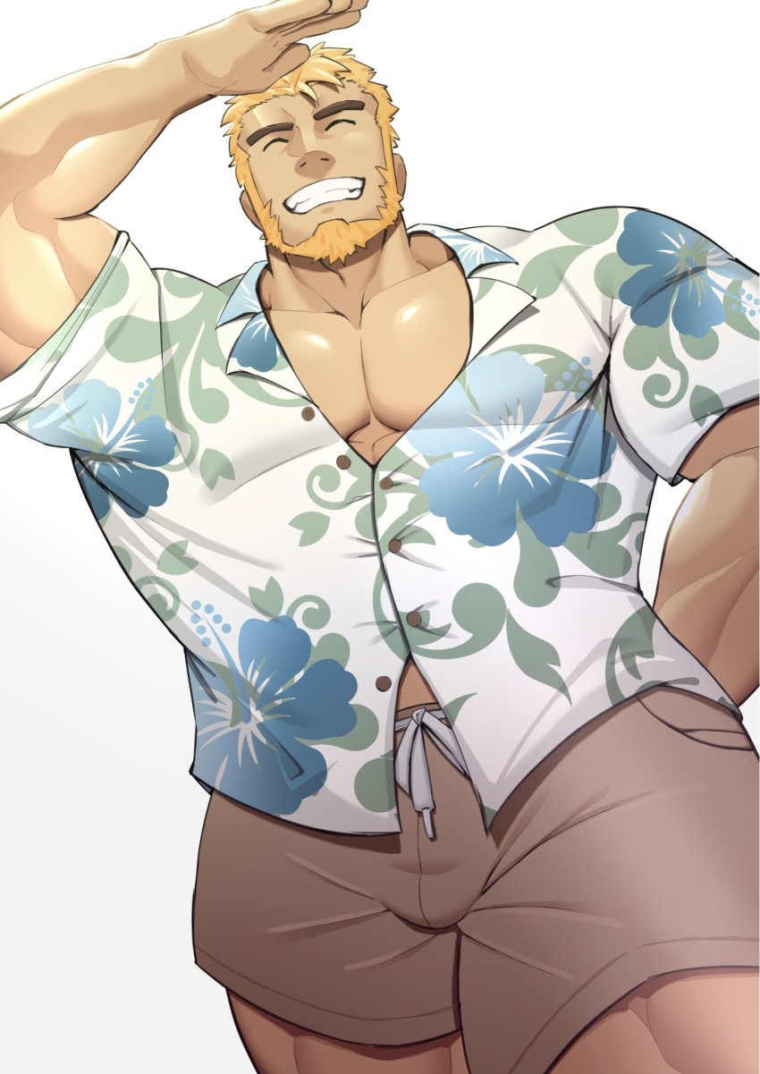 1boy, andrew_(live_a_hero), andrew_(the_riptide)_(live_a_hero), bara, blonde_hair, brown_male_swimwear, brown_swim_trunks, closed_eyes, drawstring, floral_print, floral_shirt, flower, hawaiian_shirt, hibiscus, hibiscus_print, highres, kansuke_(kansuke_717), large_pectorals, live_a_hero, male_focus, male_swimwear, midriff_peek, muscular, muscular_male, official_alternate_costume, pectorals, print_shirt, shirt, short_hair, simple_background, smile, solo, swim_trunks, swimsuit, teeth, white_background, white_shirt