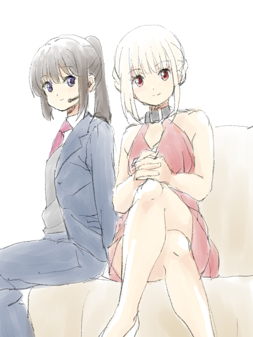 2girls, bare_legs, bare_shoulders, black_collar, black_hair, black_suit, blonde_hair, closed_mouth