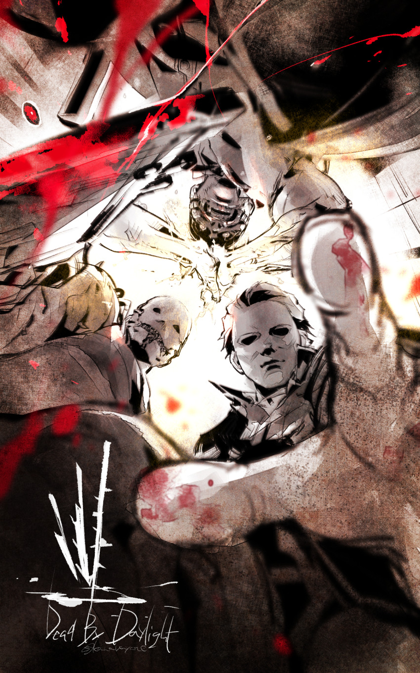 3boys, blood, bloody_weapon, cleaver, copyright_name, dead_by_daylight, doctor, glowing