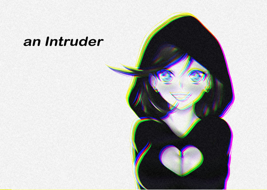 1girl, absurdres, black_hair, blue_eyes, breasts, chromatic_aberration, cleavage, cleavage_cutout