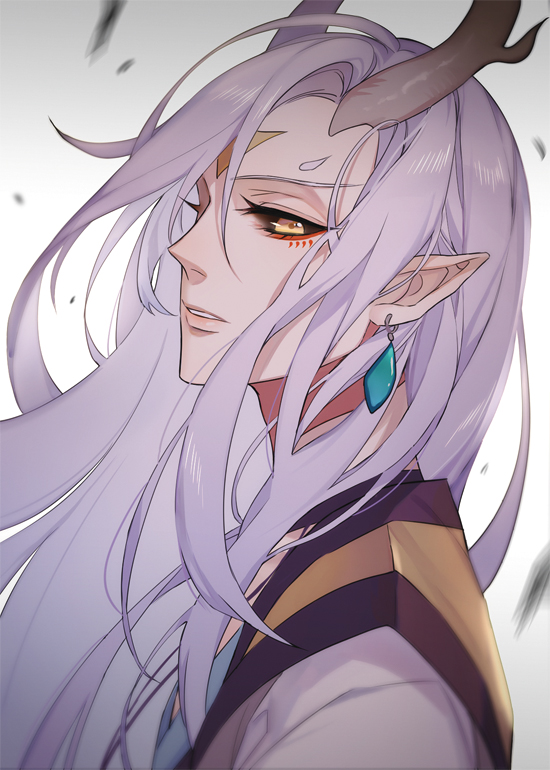 1boy, bishounen, black_sclera, colored_sclera, dragon_boy, earrings, facial_mark, horns, ichimoku_ren_(onmyoji), japanese_clothes, jewelry, long_hair, looking_at_viewer, male_focus, onmyoji, pointy_ears, ru_(famia), solo, white_hair, wide_sleeves, yellow_eyes