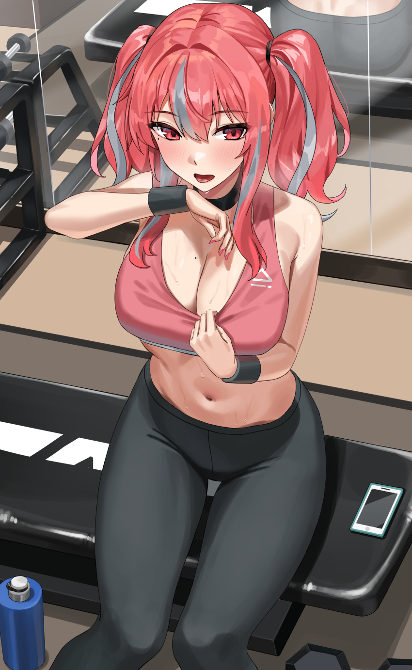 1girl, absurdres, alternate_costume, azur_lane, bad_id, bad_twitter_id, bench, black_choker, black_pants, blush, bottle, breasts, bremerton_(azur_lane), cellphone, choker, crop_top, dumbbell, fitness_gym, grey_hair, hand_up, highres, large_breasts, mirror, mole, mole_on_breast, mole_under_eye, multicolored_hair, nail_polish, open_mouth, pants, phone, pink_nails, pink_tank_top, red_eyes, red_hair, shocho, sitting, smartphone, solo, sportswear, streaked_hair, sweat, tank_top, twintails, water_bottle, wristband, yoga_pants