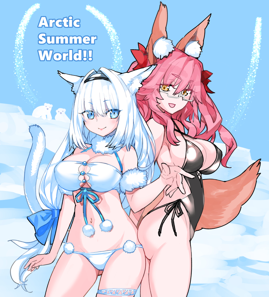 2girls, animal_ear_fluff, animal_ears, bare_shoulders, bikini, black_one-piece_swimsuit, blue_bow, blue_eyes