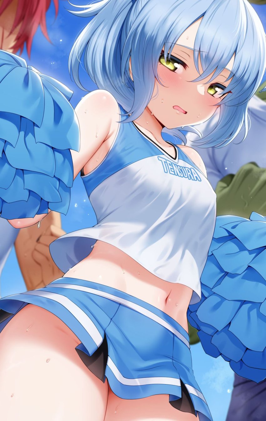 1other, 2boys, bare_shoulders, benimaru_(tensura), blue_hair, blue_skirt, blush, breasts, cheerleader, highres, holding, holding_pom_poms, light_blue_hair, long_hair, looking_at_viewer, m-da_s-tarou, midriff, multiple_boys, navel, open_mouth, pom_pom_(cheerleading), pom_poms, ponytail, rigurd_(tensura), rimuru_tempest, shirt, skirt, small_breasts, solo_focus, sweat, tensei_shitara_slime_datta_ken, thighhighs, thighs, white_shirt, yellow_eyes