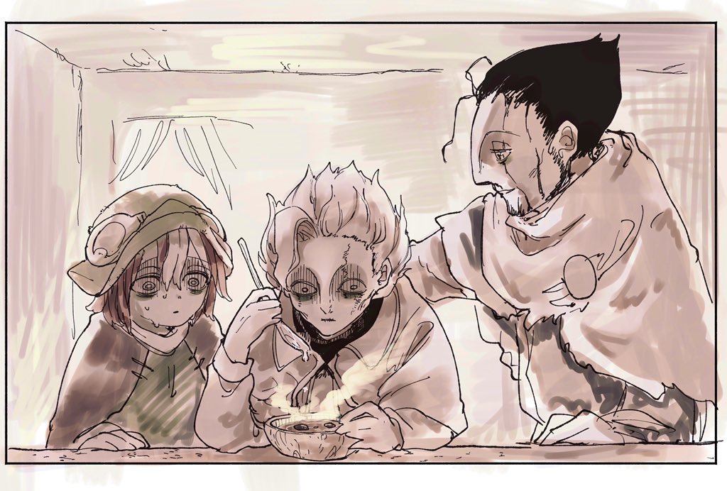 1girl, 2boys, bags_under_eyes, belafu, belafu_(human), black_hair, border, eating