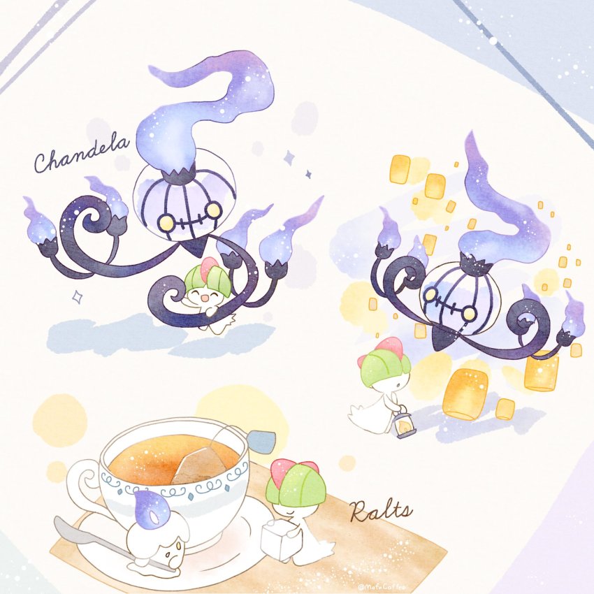 blue_fire, chandelure, character_name, closed_eyes, commentary_request, cup, fire, gen_3_pokemon