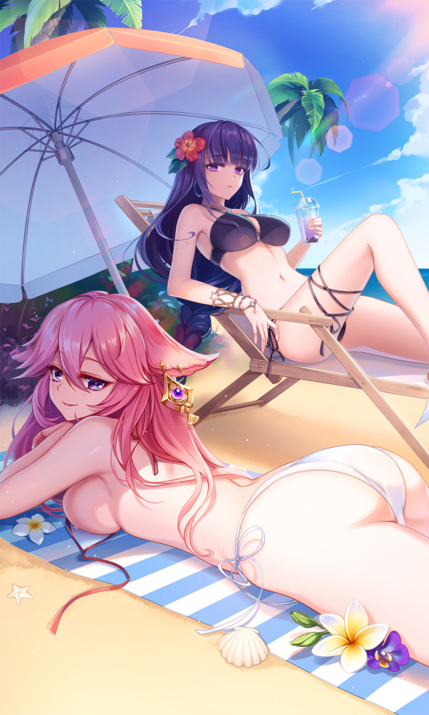 2girls, alternate_costume, animal_ears, ass, bare_arms, bare_legs, bare_shoulders, beach