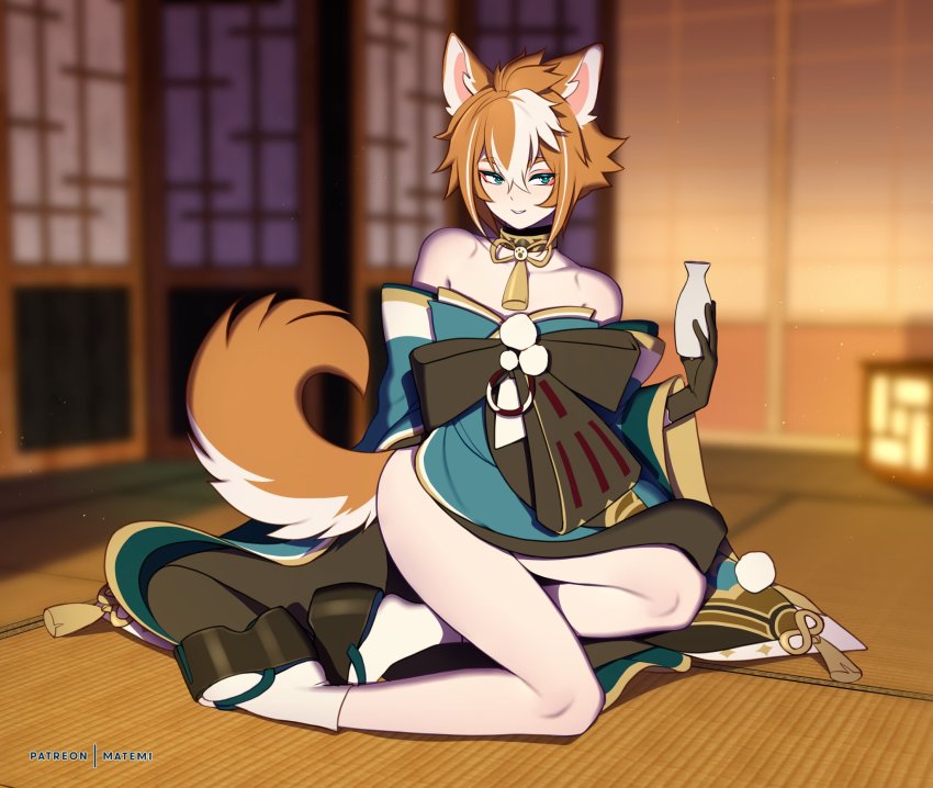 1boy, animal_ears, aqua_eyes, aqua_kimono, cosplay, crossdressing, crossdressing_(mtf), dog_boy, dog_ears, dog_tail, eyeliner, genshin_impact, gorou_(genshin_impact), green_kimono, highres, hina_(genshin_impact), hina_(genshin_impact)_(cosplay), japanese_clothes, kimono, looking_at_viewer, makeup, matemi, multicolored_hair, no_panties, orange_hair, platform_clogs, pom_pom_(clothes), red_eyeliner, streaked_hair, tail, white_hair