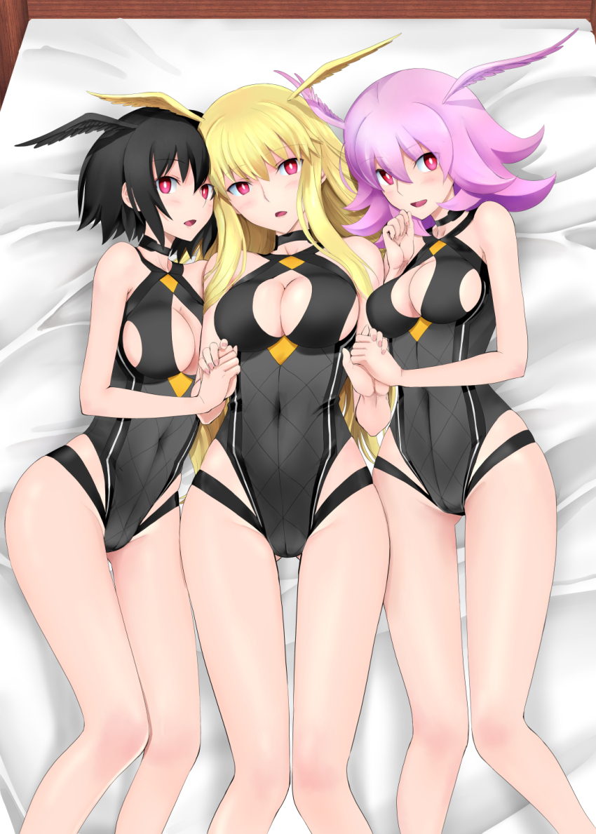 3girls, black_hair, black_one-piece_swimsuit, blonde_hair, blush, breasts, fate/grand_order, fate_(series), head_wings, highleg, highleg_one-piece_swimsuit, highres, hildr_(fate), hildr_(swimsuit_assassin)_(fate), large_breasts, long_hair, looking_at_viewer, multiple_girls, one-piece_swimsuit, open_mouth, ortlinde_(fate), ortlinde_(swimsuit_assassin)_(fate), pink_hair, red_eyes, shirotsumekusa, short_hair, sidelocks, smile, swimsuit, thighs, thrud_(fate), thrud_(swimsuit_assassin)_(fate), valkyrie_(fate), wings