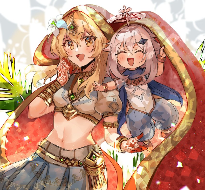 2girls, :d, absurdres, alternate_costume, arabian_clothes, banana_leaf, blonde_hair, blush