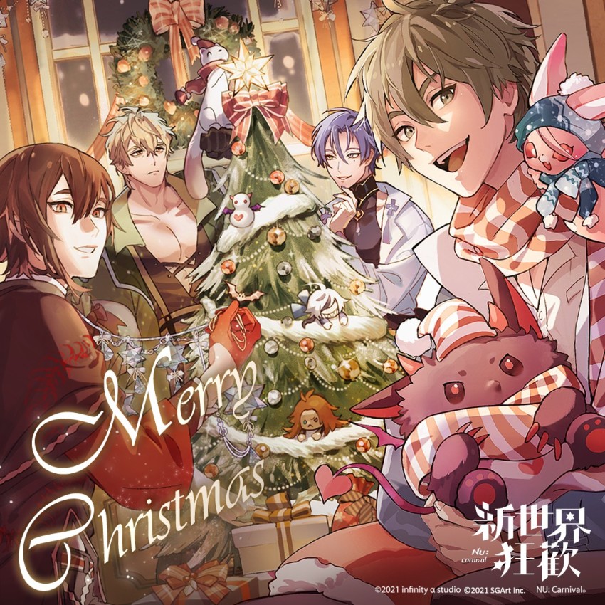 4boys, aster_(bat)_(nu_carnival), aster_(nu_carnival), bat_(animal), blonde_hair, brown_eyes, brown_hair, christmas