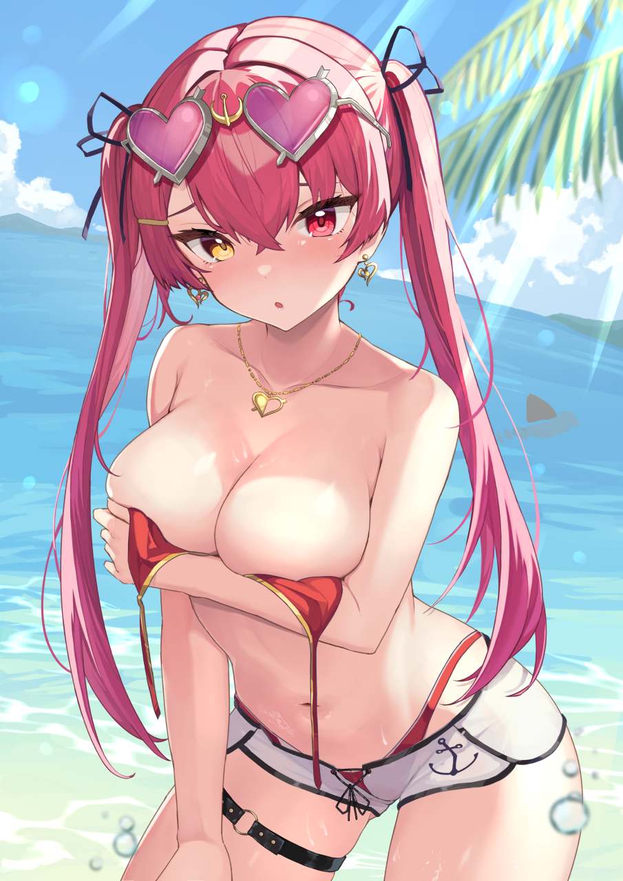 1girl, :o, bare_shoulders, bikini, blush, bra, breasts, cleavage, cloud, earrings, eyewear_on_head, hair_ribbon, heterochromia, highres, hololive, houshou_marine, houshou_marine_(summer), jewelry, large_breasts, long_hair, looking_at_viewer, navel, necklace, o-ring, o-ring_thigh_strap, ocean, open_bra, oritonagi, red_bikini, red_eyes, red_hair, ribbon, shark, short_shorts, shorts, sky, solo, swimsuit, thigh_strap, twintails, underwear, untied_bikini, virtual_youtuber, water, yellow_eyes