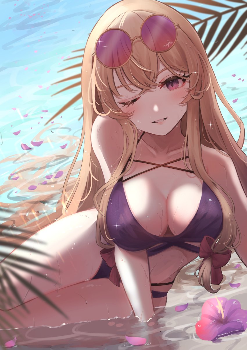 1girl, absurdres, alternate_costume, artist_name, bare_shoulders, beach, bikini, blush, bow, breasts, brown_hair, collarbone, commentary_request, crossed_bangs, eyewear_on_head, flower, gradient_flower, hair_between_eyes, hair_bow, hair_spread_out, highres, large_breasts, light_brown_hair, long_hair, looking_at_viewer, maka_(user_rryf2748), navel, missing_headwear, ocean, one_eye_closed, open_mouth, outdoors, palm_tree, petals, pink_flower, purple_bikini, purple_eyes, purple_flower, red_bow, sand, sidelocks, sitting, smile, solo, sunglasses, swimsuit, tongue, touhou, tree, water, wet, yakumo_yukari