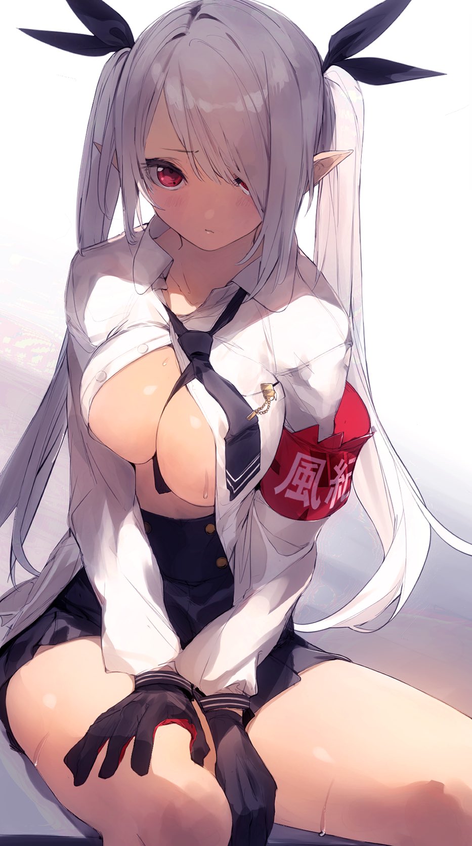 1girl, alternate_breast_size, black_gloves, black_necktie, black_ribbon, black_skirt, blue_archive, breasts