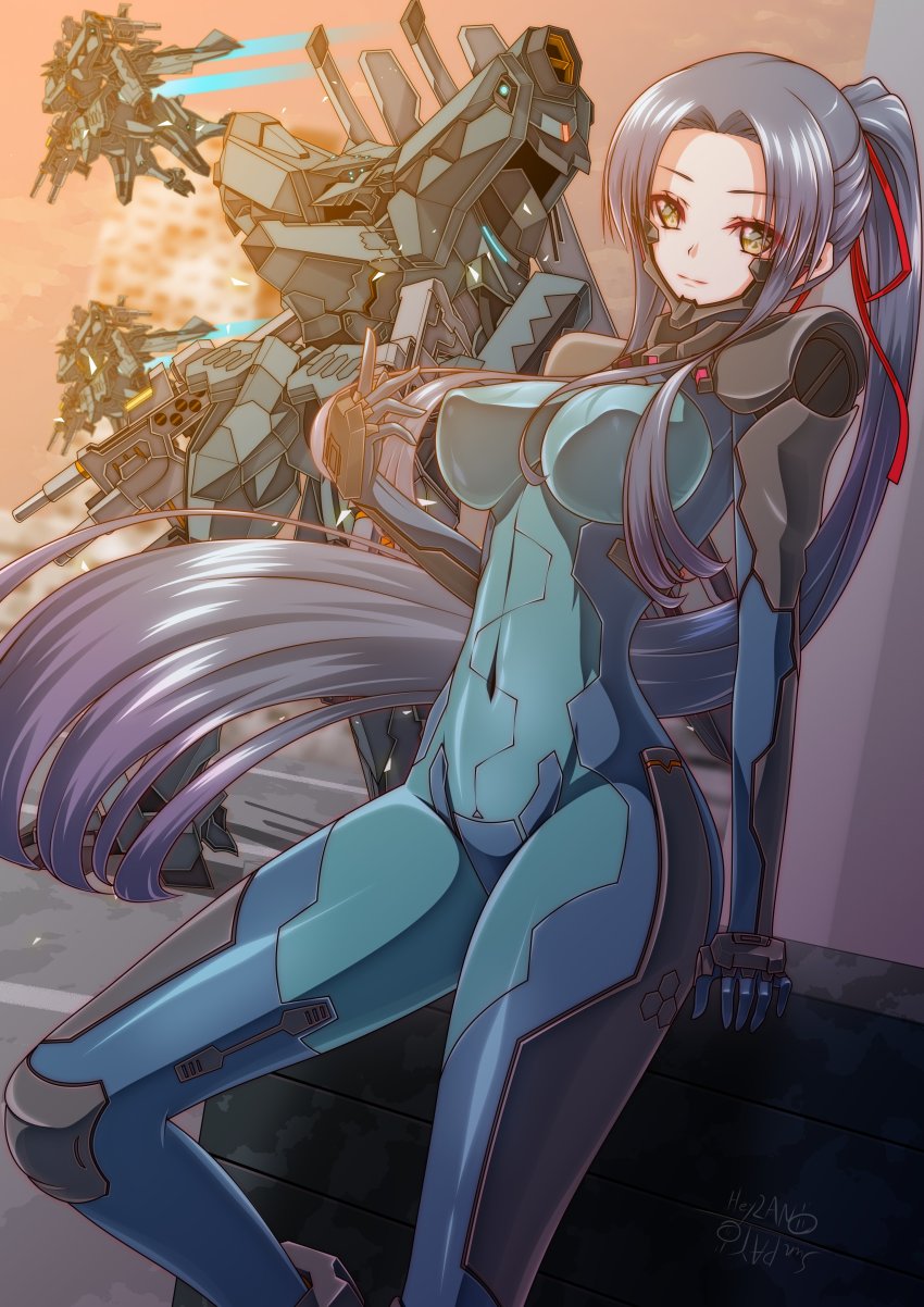 1girl, absurdres, black_hair, blue_bodysuit, blue_eyes, blue_gloves, bodysuit, breasts, commission, covered_erect_nipples, covered_navel, extra_eyes, f-22a_raptor_(muv-luv), floating_hair, flying, fortified_suit, gloves, glowing, glowing_eyes, gun, heyzan, highres, holding, holding_gun, holding_weapon, large_breasts, long_hair, mecha, mecha_pilot_suit, muv-luv, muv-luv_alternative, original, parted_bangs, ponytail, robot, science_fiction, skeb_commission, smile, tactical_surface_fighter, very_long_hair, weapon, yellow_eyes
