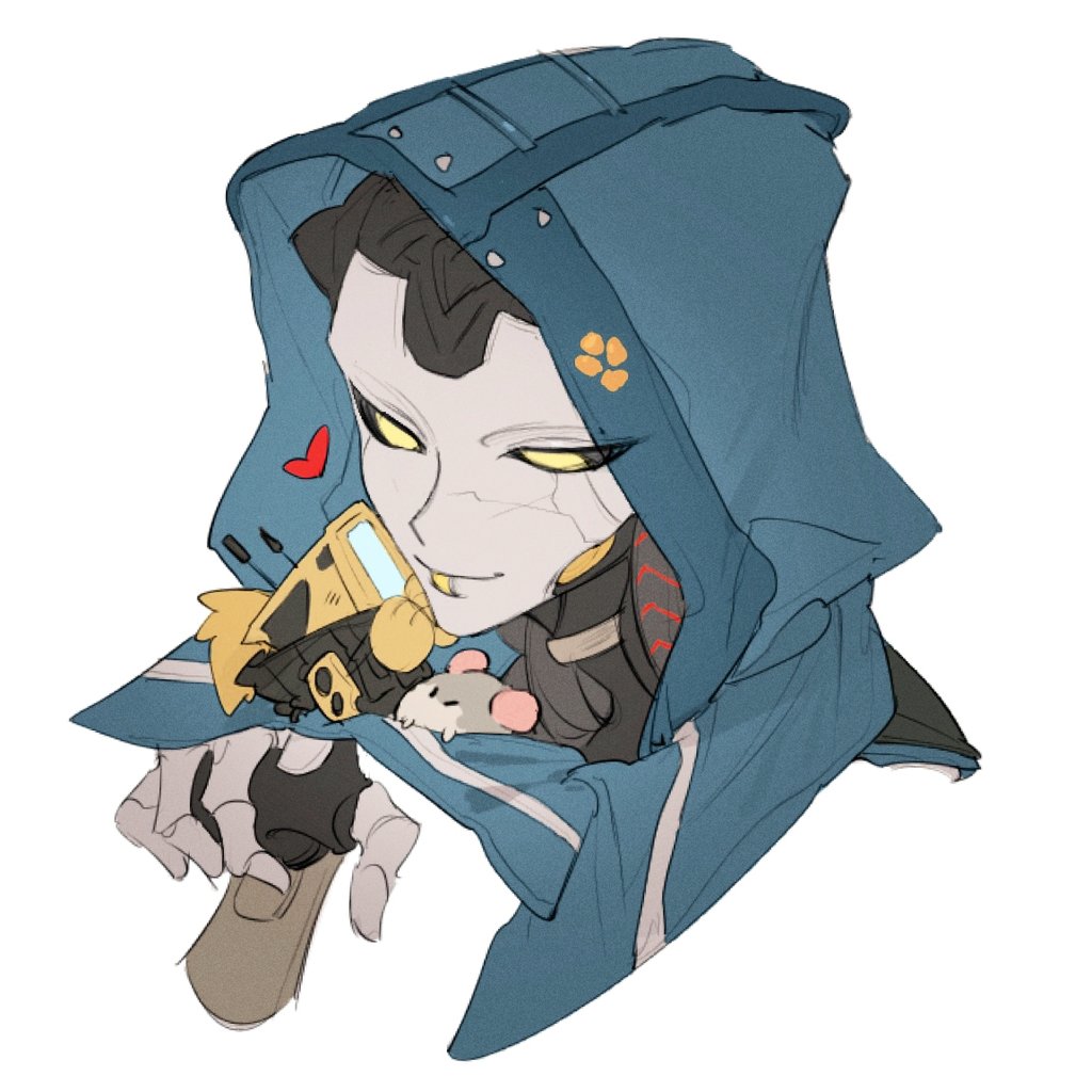 1girl, 1other, android, animification, apex_legends, ash_(titanfall_2), black_sclera, colored_sclera, cracked_skin, heart, hood, hood_up, humanoid_robot, looking_down, metal_skin, mouse_(animal), phase_shift_pilot_(titanfall_2), pilot_(titanfall_2), portrait, robot, ruu47, simulacrum_(titanfall), smile, solo_focus, titanfall_(series), titanfall_2, white_background, yellow_eyes