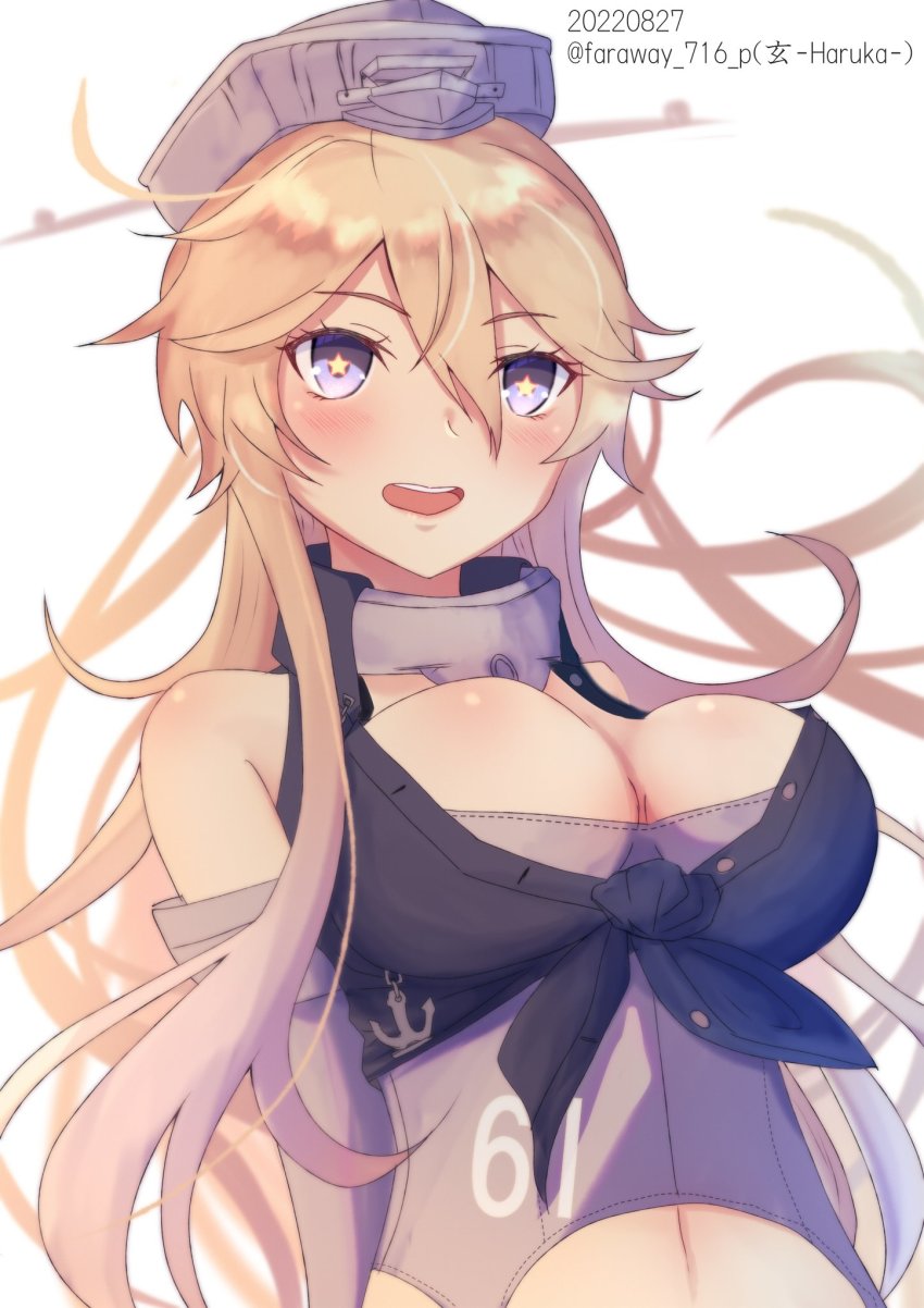 1girl, black_bra, blonde_hair, blue_eyes, blush, bra, breasts, clothes_writing, dated, front-tie_top, hair_between_eyes, haruka_faraway716, highres, iowa_(kancolle), kantai_collection, large_breasts, long_hair, navel, one-hour_drawing_challenge, open_mouth, simple_background, smile, solo, star-shaped_pupils, star_(symbol), symbol-shaped_pupils, twitter_username, underwear, white_background