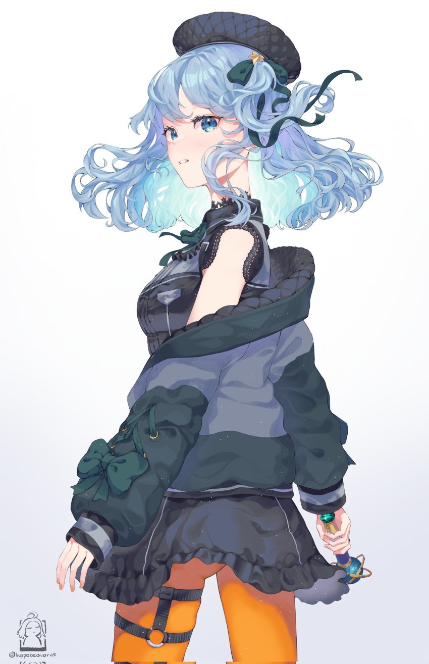 1girl, black_dress, black_hat, blue_eyes, blue_hair, blush, cowboy_shot, dress