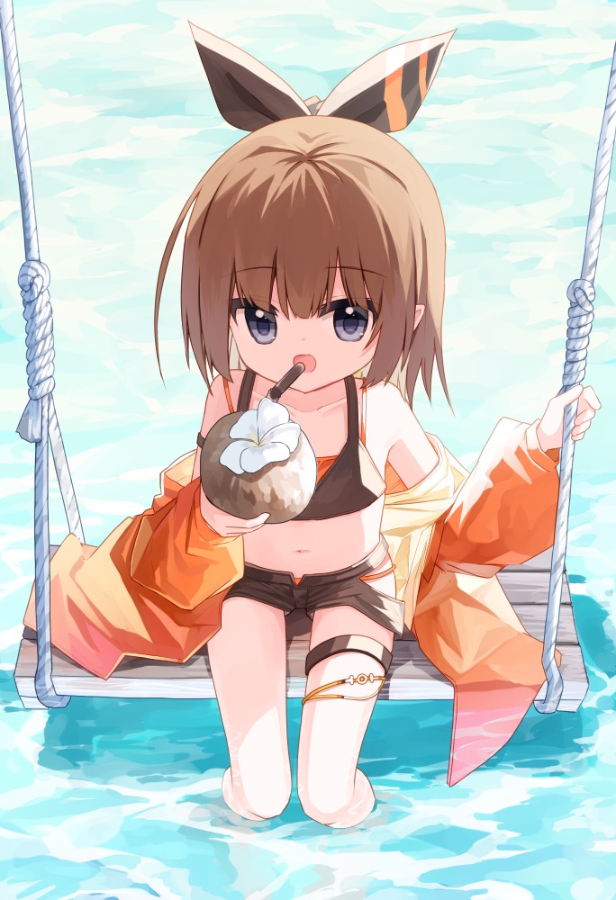 1girl, :d, bare_shoulders, bendy_straw, bikini, bikini_under_clothes, black_ribbon, black_shorts