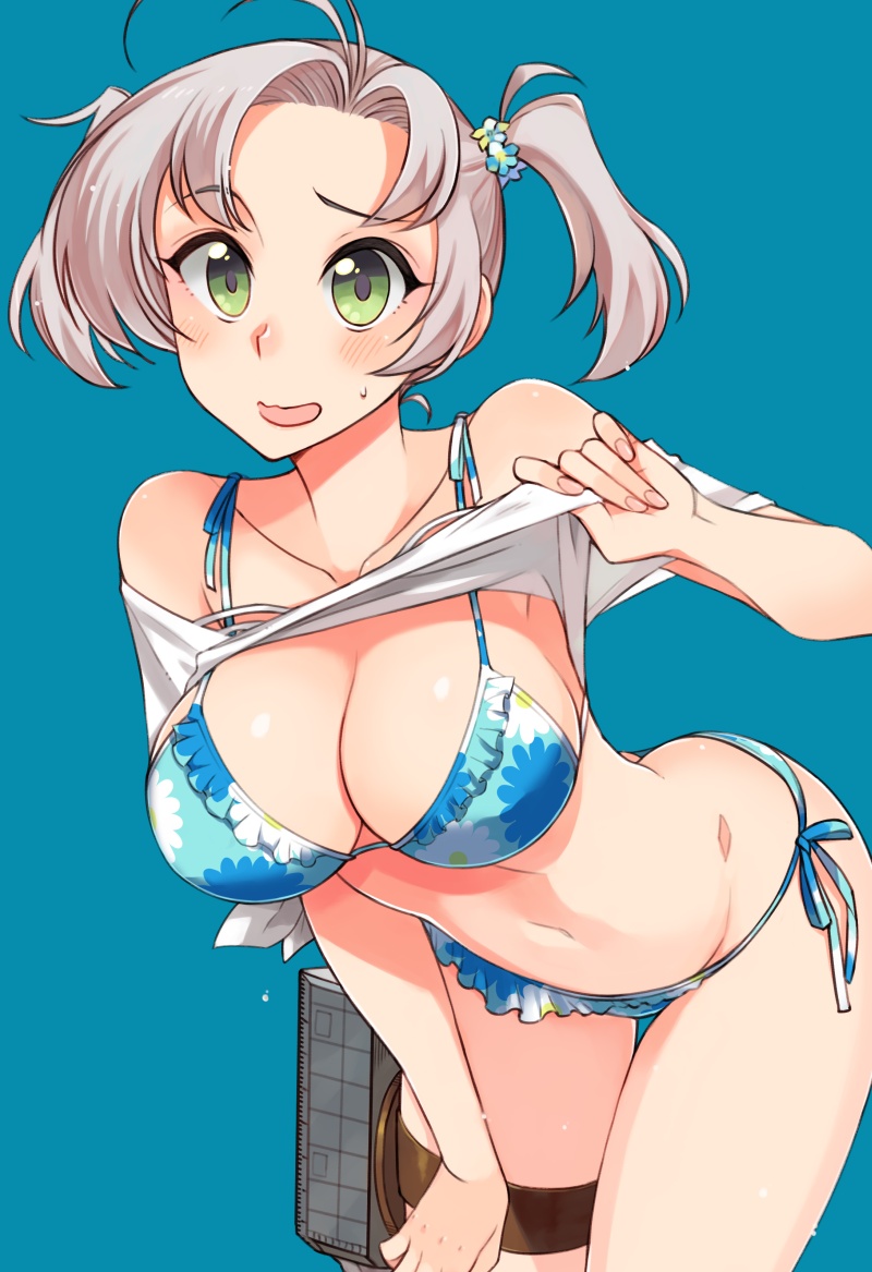 1girl, antenna_hair, bikini, bikini_under_clothes, blue_background, blue_bikini, breasts, cleavage, clothes_lift, commentary_request, cowboy_shot, floral_print, green_eyes, grey_hair, hair_tie, hand_on_own_thigh, kantai_collection, kinugasa_(kancolle), kinugasa_(swimsuit)_(kancolle), kusanagi_tonbo, leaning_forward, lifting_own_clothes, looking_at_viewer, medium_breasts, off_shoulder, official_alternate_costume, raised_eyebrows, rigging, shirt_lift, short_hair, short_twintails, side-tie_bikini_bottom, solo, swimsuit, thigh_strap, twintails
