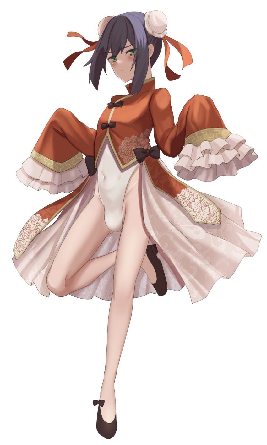 1boy, black_shoes, chignon, china_clothes, crossdressing, crossdressing_(mtf), green_hair, highres, leotard, shoes, trap, white_leotard