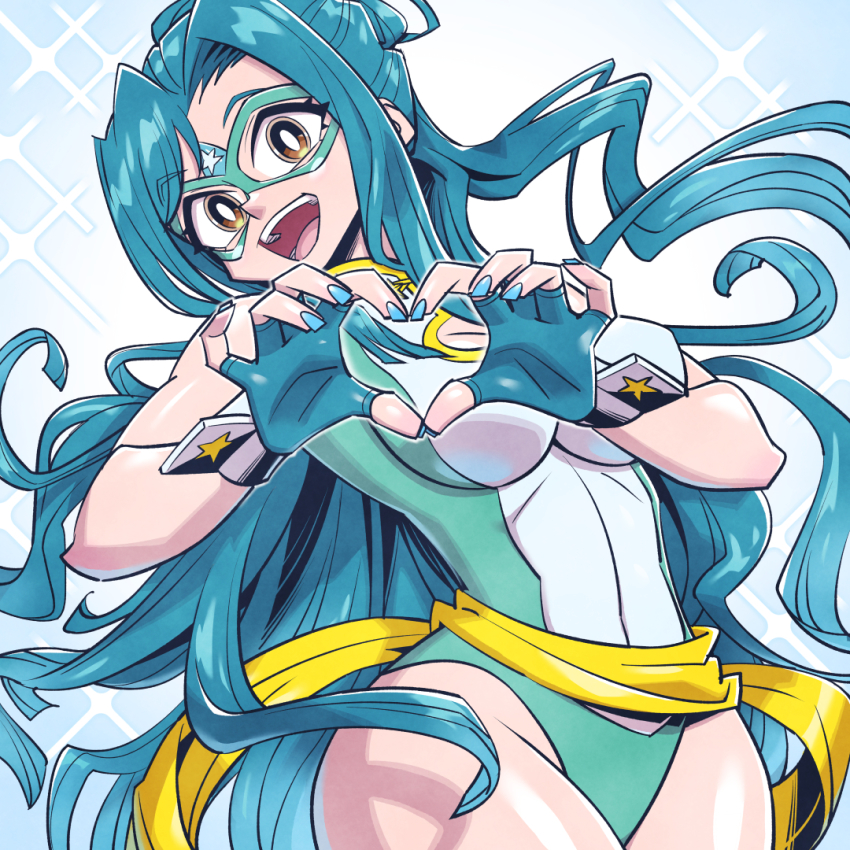 1girl, blue_gloves, blue_nails, breasts, brown_eyes, domino_mask, eye_mask, fingerless_gloves