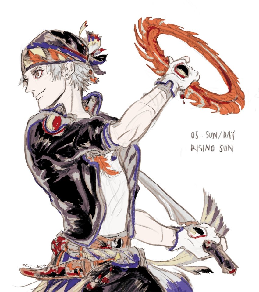 1boy, amano_yoshitaka_design, bandana, belt, chakram, dagger, dual_wielding, final_fantasy