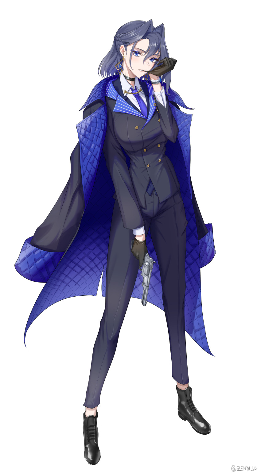 1girl, absurdres, biting, biting_glove, black_gloves, black_pants, black_shoes, blue_eyes, blue_necktie, breasts, buttons, choker, coat, coat_on_shoulders, earrings, formal_clothes, full_body, gloves, gun, handgun, highres, holding, holding_gun, holding_weapon, hololive, hololive_english, jewelry, large_breasts, mafia_(vocaloid), mouth_hold, necktie, ouro_kronii, pants, revolver, shoes, simple_background, solo, standing, suit, teeth, virtual_youtuber, vocaloid, weapon, white_background, zenya