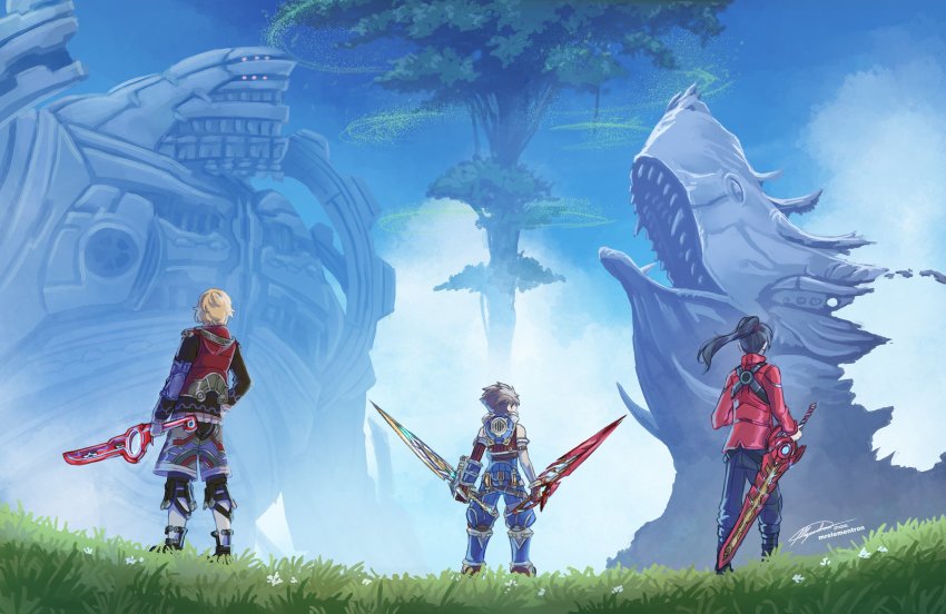 3boys, aegis_sword_(xenoblade), asymmetrical_dual_wielding, black_hair, blonde_hair, blue_sky, brown_hair, cloud, dual_wielding, from_behind, grass, helmet, highres, holding, holding_weapon, hood, jacket, lucky_seven_(xenoblade), mechonis, monado, mr_elementron, multiple_boys, noah_(xenoblade), ponytail, red_jacket, reverse_grip, rex_(xenoblade), shorts, shulk_(xenoblade), sky, standing, tree, weapon, xenoblade_chronicles_(series), xenoblade_chronicles_1, xenoblade_chronicles_2, xenoblade_chronicles_3