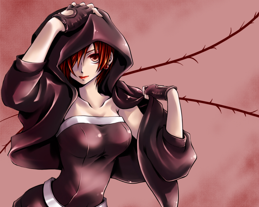 1girl, breasts, earrings, female_focus, fingerless_gloves, gloves, gradient_background, hair_over_one_eye, hood, jewelry, kiriya-sa, lips, meiko_(vocaloid), nostalogic_(vocaloid), red_eyes, red_hair, red_theme, solo, thorns, vocaloid