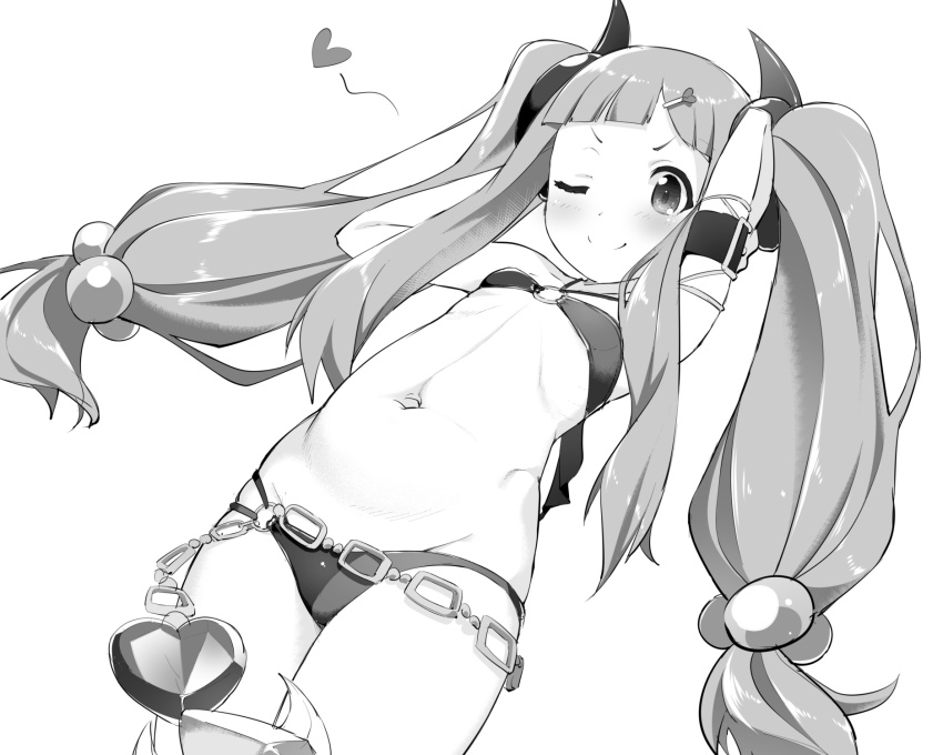 1girl, armlet, arms_behind_head, arms_up, bikini, blush, broken_heart, chain, commentary_request, cosplay, cowboy_shot, flat_chest, greyscale, hair_bobbles, hair_ornament, hairclip, halterneck, heart, heart_hair_ornament, highres, ichihara_nina, idolmaster, idolmaster_cinderella_girls, jewelry, looking_at_viewer, misaki_(princess_connect!), misaki_(princess_connect!)_(cosplay), misaki_(summer)_(princess_connect!), monochrome, navel, nekono_matatabi, o-ring, o-ring_bikini, one_eye_closed, princess_connect!, sidelocks, simple_background, smile, solo, swimsuit, twintails, voice_actor_connection