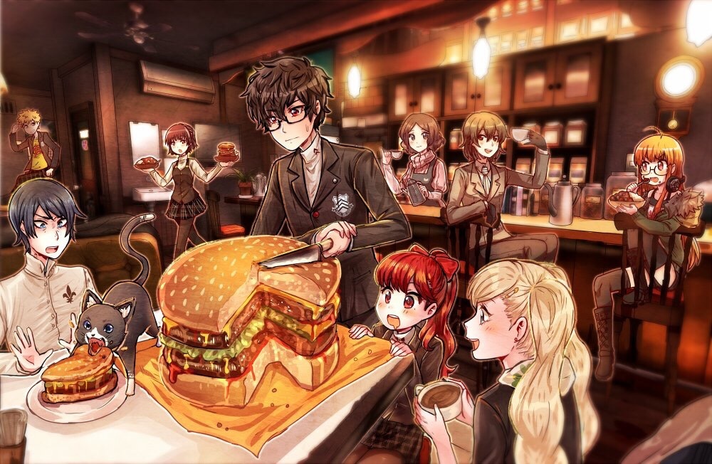4boys, 5girls, ahoge, akechi_gorou, amamiya_ren, animal, apron, bar_(place)