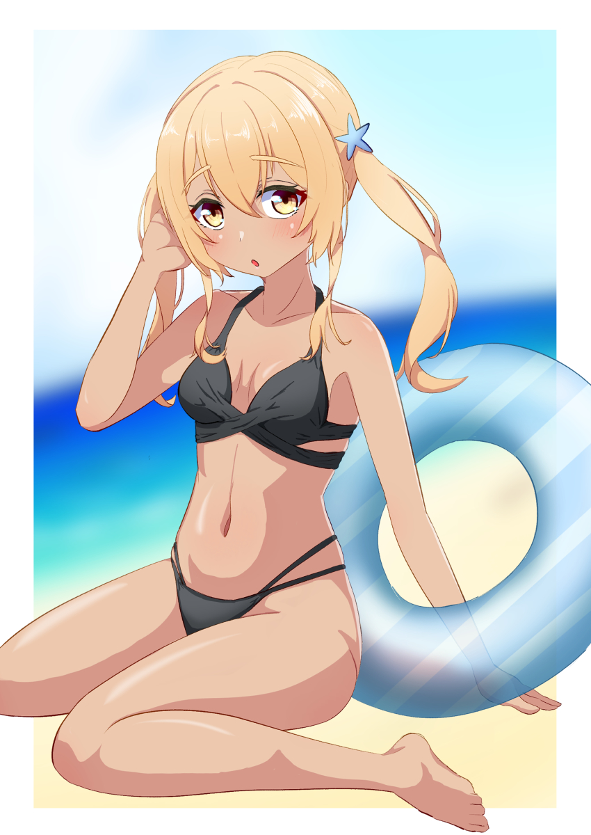 1000-chan, 1girl, absurdres, barefoot, bikini, black_bikini, blonde_hair, breasts