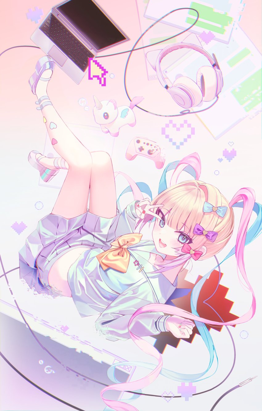 1girl, absurdres, blue_eyes, blue_hair, bow, cherry_gomm, chouzetsusaikawa_tenshi-chan, computer, controller, hair_bow, hair_ornament, headphones, heart, highres, iridescent_clothes, laptop, long_hair, long_sleeves, looking_at_viewer, multicolored_hair, multicolored_nails, nail_polish, needy_girl_overdose, open_mouth, pink_hair, quad_tails, sailor_collar, school_uniform, serafuku, shirt, skirt, smile, solo, twintails, v