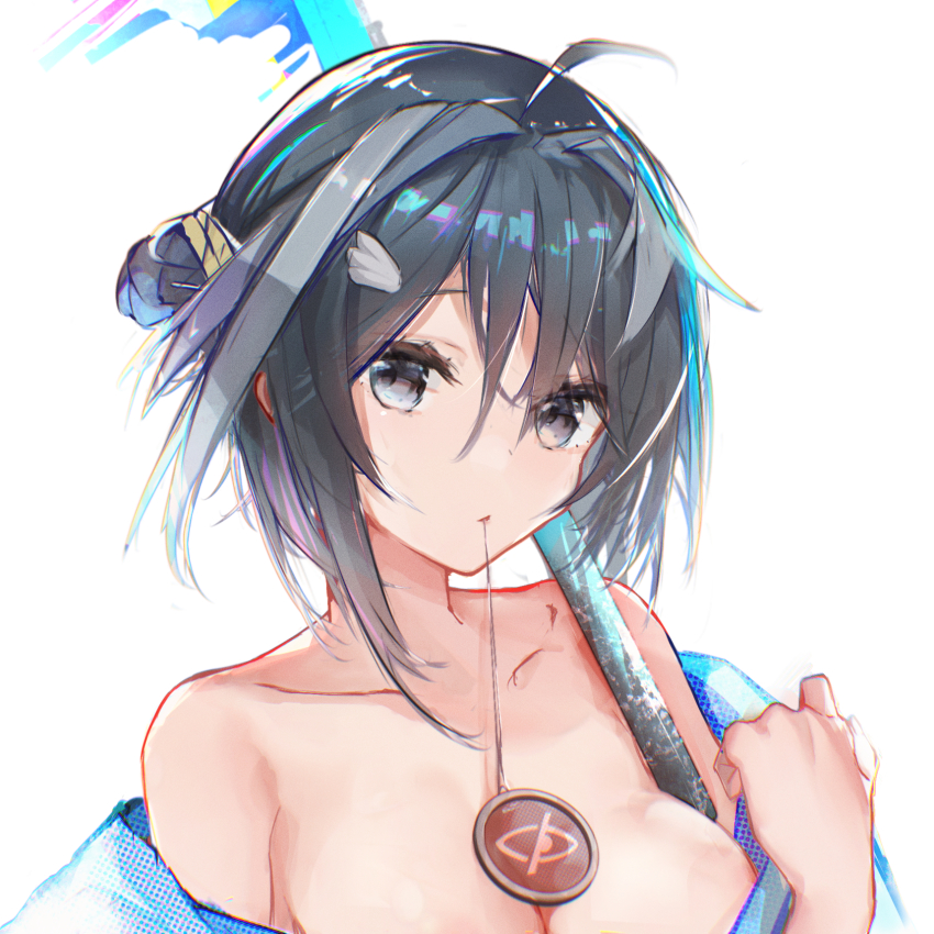 1girl, ahoge, arknights, bare_shoulders, black_hair, breasts, chinese_commentary, cleavage
