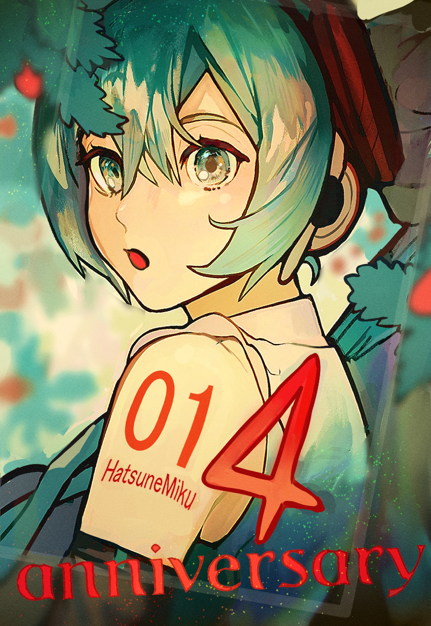 1girl, :o, anniversary, aqua_eyes, aqua_hair, aqua_theme, black_sleeves, blurry, blurry_background, character_name, depth_of_field, detached_sleeves, from_side, hair_between_eyes, hatsune_miku, headset, highres, looking_at_viewer, looking_back, mistletoe, nunosei, shirt, sidelocks, sleeveless, sleeveless_shirt, solo, twintails, upper_body, vocaloid