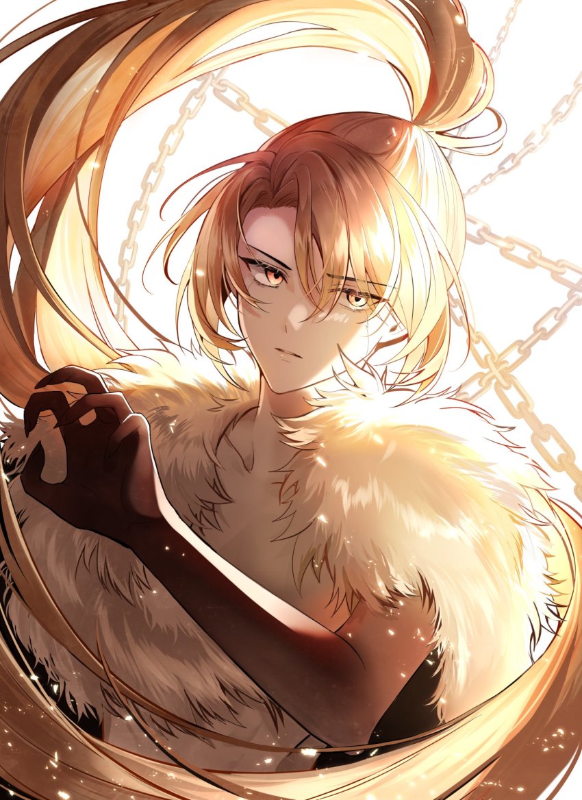 1girl, blonde_hair, chain, fur_trim, hand_up, highres, korean_commentary, long_hair