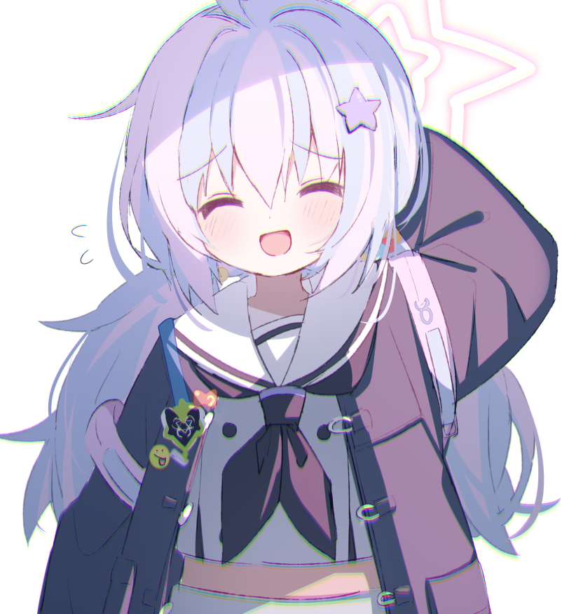 1girl, :d, arm_behind_head, blue_archive, d_omm, flying_sweatdrops, hair_ornament, halo