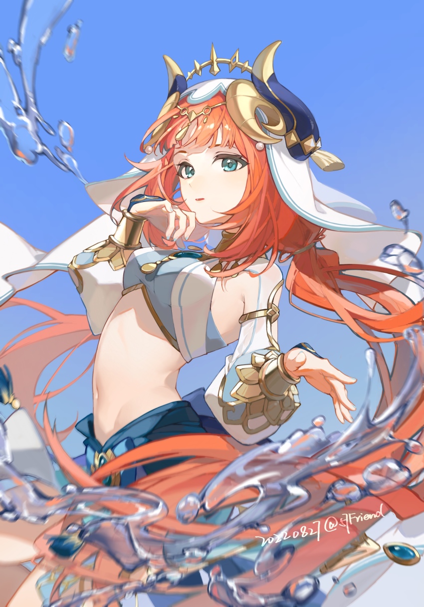 1girl, 57friend, absurdres, arabian_clothes, blue_veil, brooch, crop_top, dancer, forehead_jewel, genshin_impact, gold_choker, harem_outfit, highres, horns, jewelry, navel, nilou_(genshin_impact), red_hair, stomach, veil, white_headdress, white_veil