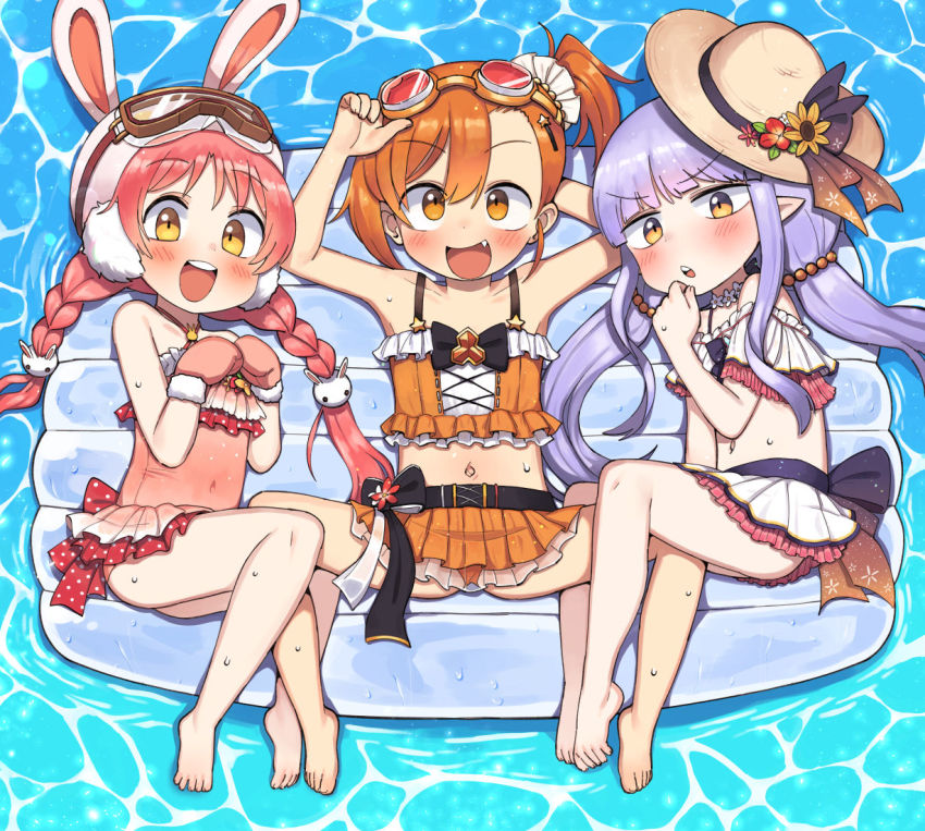 3girls, animal_hat, ass, bikini, braid, fang, frilled_bikini, frills, goggles, goggles_on_head, hair_between_eyes, hat, kyoka_(princess_connect!), kyoka_(summer)_(princess_connect!), lakilolom, loli, midriff, mimi_(princess_connect!), mimi_(summer)_(princess_connect!), misogi_(princess_connect!), misogi_(summer)_(princess_connect!), mittens, multicolored_bikini, multiple_girls, navel, off_shoulder, one-piece_swimsuit, open_mouth, orange_hair, pink_hair, pink_mittens, ponytail, princess_connect!, purple_hair, rabbit_hat, spread_legs, sun_hat, swimsuit, twin_braids, twintails, two-tone_bikini, yellow_eyes