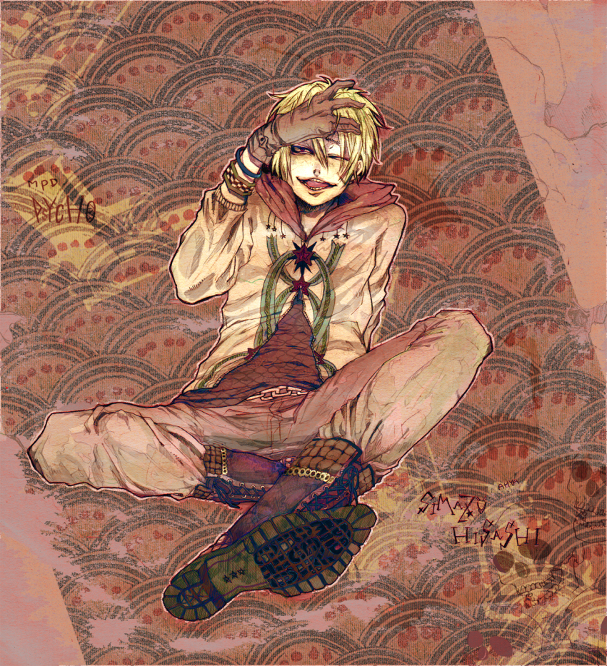 1boy, belt, blonde_hair, boots, bracelet, chain_belt, character_name, copyright_name