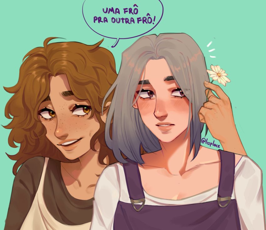 2girls, amelie_florence, apron, barbara_lima, blush, brazil, brown_eyes, brown_hair, closed_mouth, daisy_(flower), flower, freckles, grey_hair, hair_flower, hair_ornament, highres, jumpsuit, lisplace, long_hair, looking_at_another, looking_to_the_side, medium_hair, multiple_girls, open_mouth, ordem_paranormal, ordem_paranormal:_o_segredo_na_ilha, overalls, portuguese_text, purple_eyes, purple_overalls, shirt, smile, teeth, translated, white_apron, white_flower, white_shirt, yuri