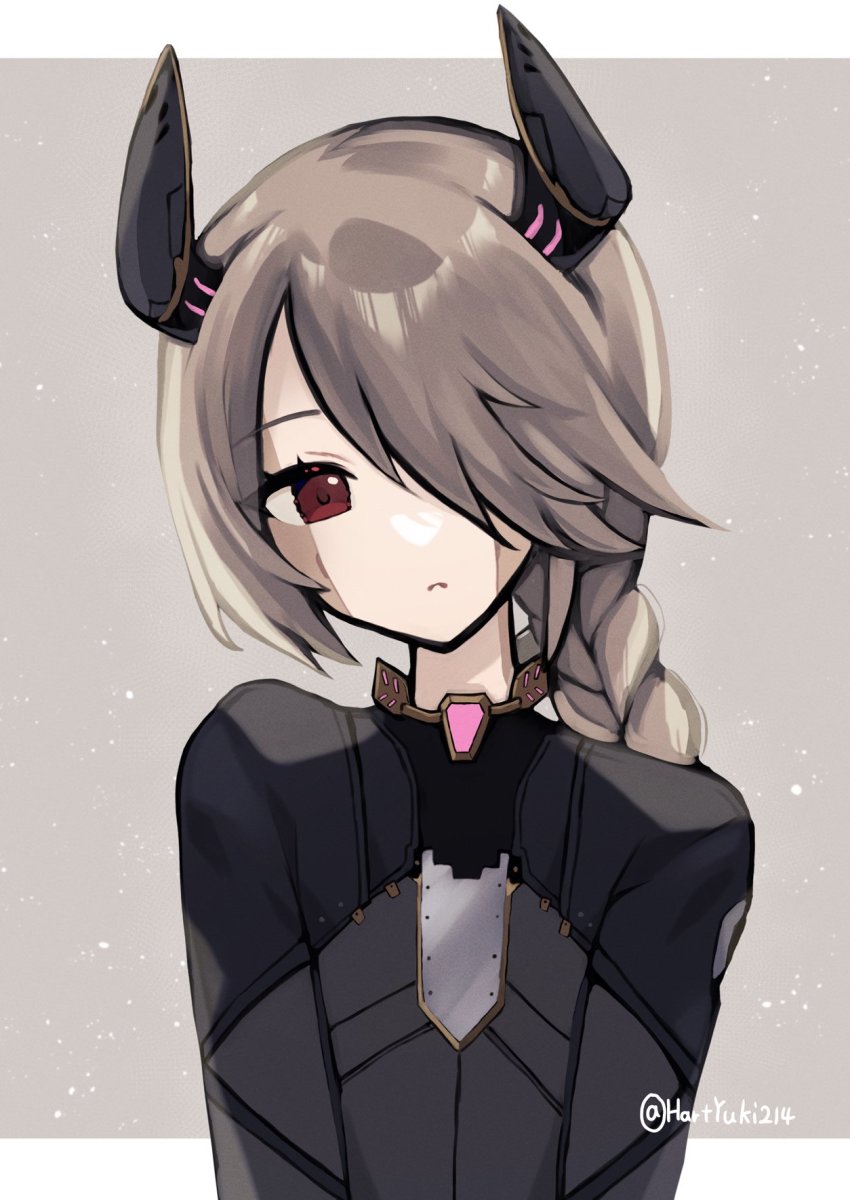 1girl, black_bodysuit, bodysuit, colored_skin, flat_chest, grey_background, grey_hair, grey_skin