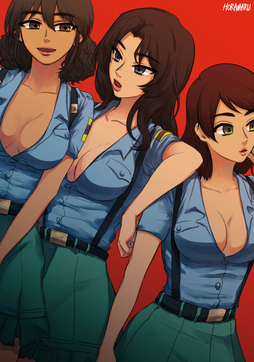 3girls, aoshidan_school_uniform, aqua_skirt, arm_on_another's_shoulder, artist_name, belt, black_belt, black_eyes, blue_shirt, blue_skirt, bodysuit, breast_pocket, breasts, brown_eyes, brown_hair, cleavage, el_(girls_und_panzer), girls_und_panzer, green_eyes, hair_between_eyes, highres, hora_maru_mate, large_breasts, lips, long_hair, looking_to_the_side, medium_breasts, medium_hair, multicolored_bodysuit, multiple_girls, open_clothes, partially_unbuttoned, pocket, red_background, school_uniform, shirt, skirt, suspenders, tristana_(girls_und_panzer), viridiana_(girls_und_panzer)