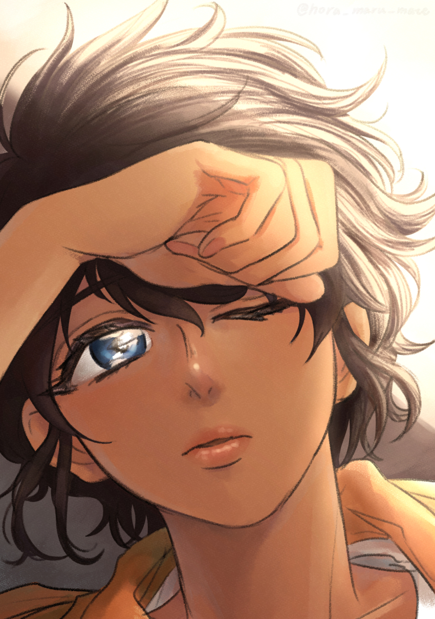 1girl, arm_over_head, blue_eyes, brown_hair, girls_und_panzer, highres, hora_maru_mate, lips